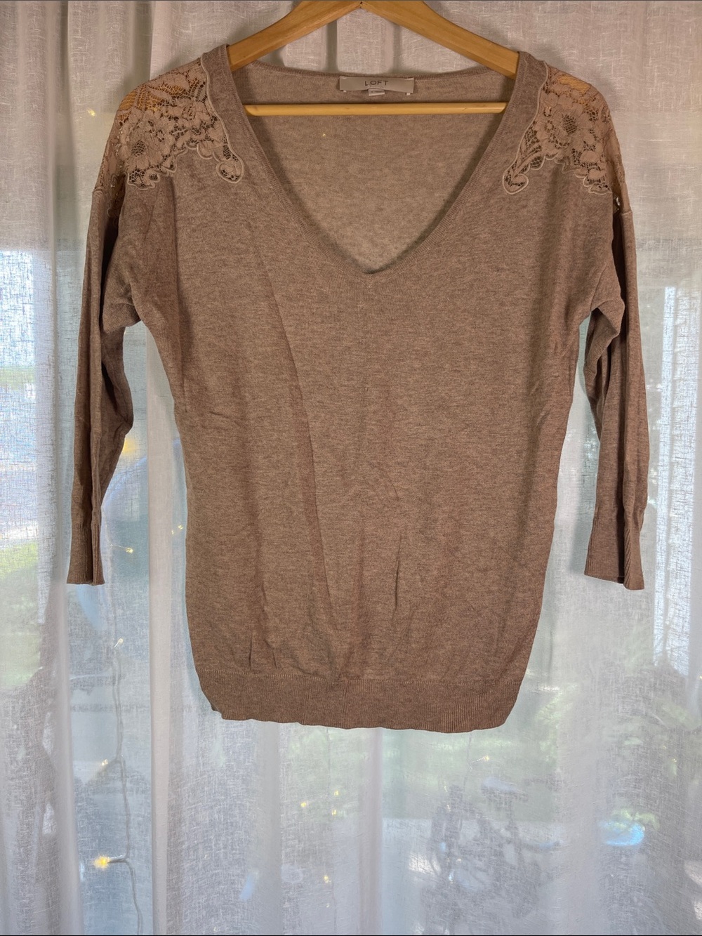 LOFT Taupe V-Neck Sweater with Lace Shoulder Detail